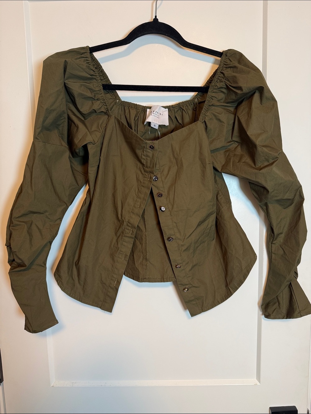 The Shirt by Rochelle Behrens Square Neck Button-Front Top in Olive - XS - Picture 2 of 7